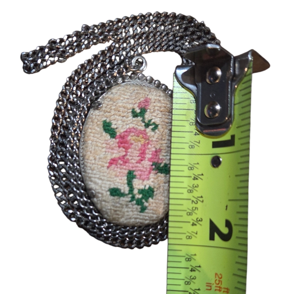 Vintage Petit Point Embroidery Pink Rose Flower & Greenery Silver Tone Pendant - Picture 7 of 8
